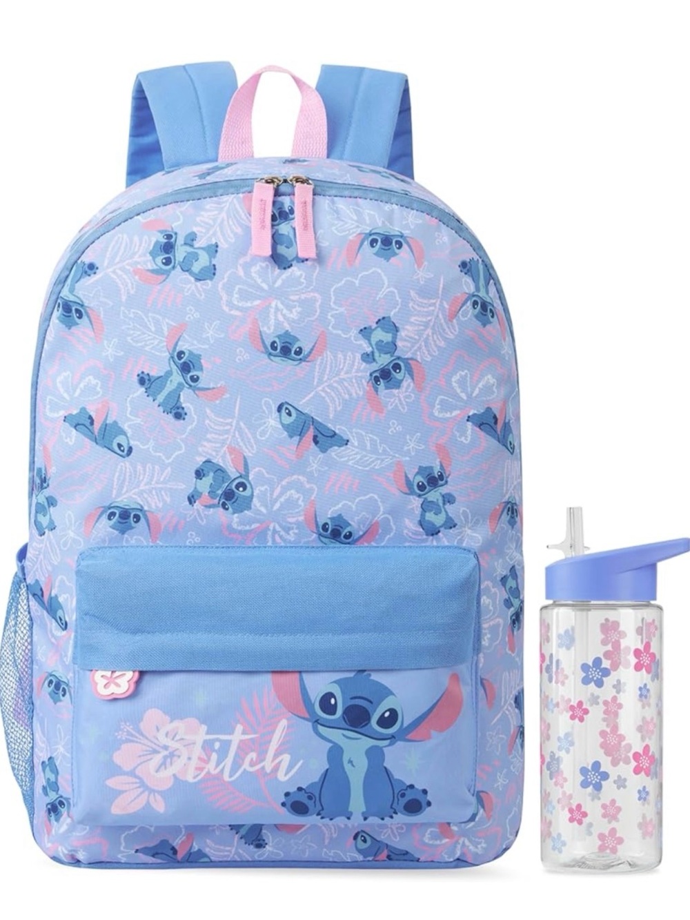 Disney Stitch Light Blue Backpack with Water Bottle NEW